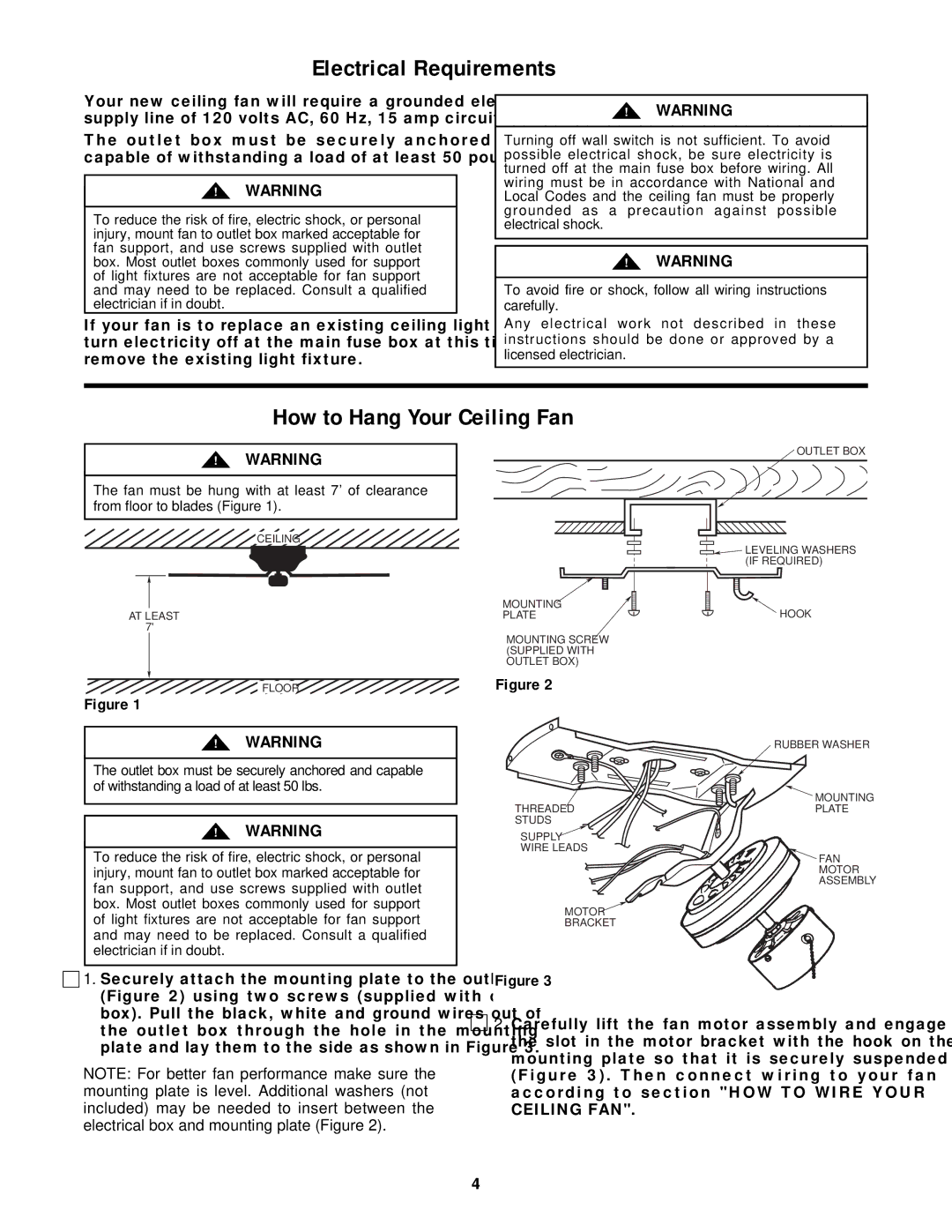 Emerson CF805SW 00, CF805SBS 00, CF805SAB 00, CF804SW 00, CF805SWW 00 Electrical Requirements, How to Hang Your Ceiling Fan 