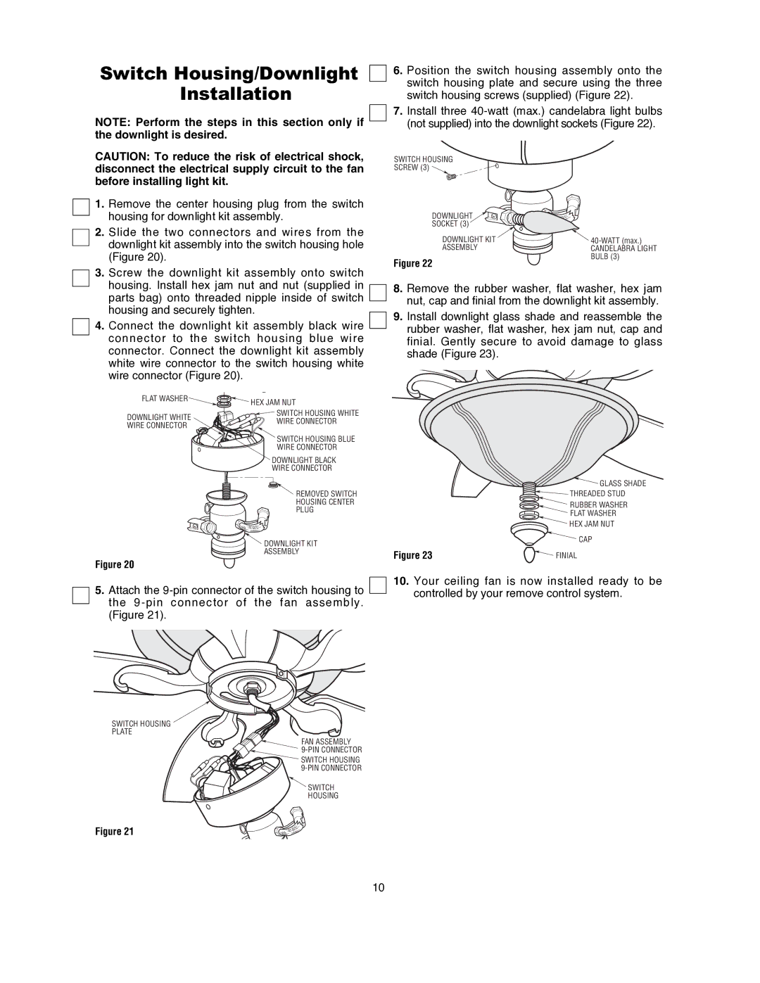 Emerson CF820PW00, CF820ORB00 owner manual Switch Housing/Downlight Installation 