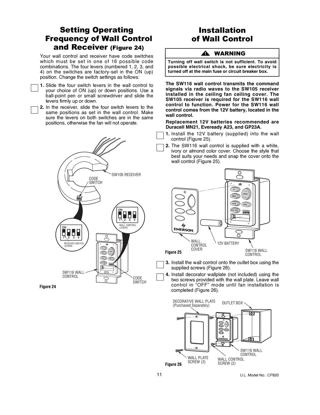 Emerson CF820ORB00, CF820PW00 Setting Operating Frequency of Wall Control Receiver Figure, Installation Wall Control 