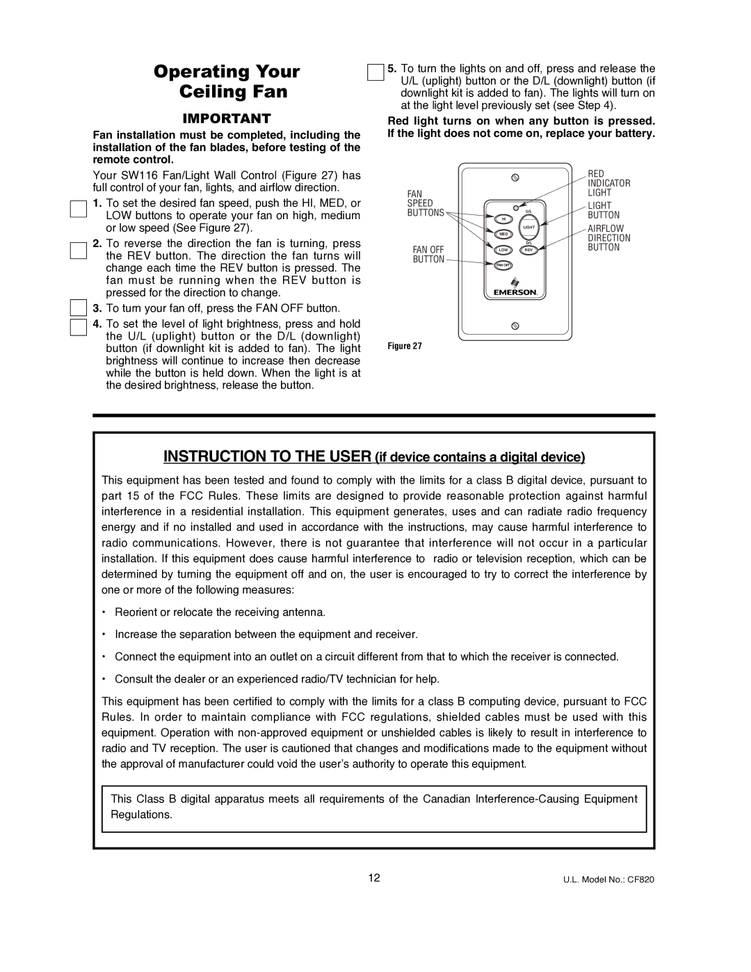 Emerson CF820PW00, CF820ORB00 Operating Your Ceiling Fan, Instruction to the User if device contains a digital device 