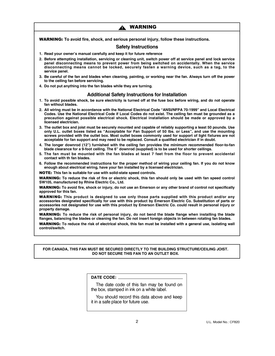 Emerson CF820PW00, CF820ORB00 owner manual Safety Instructions 