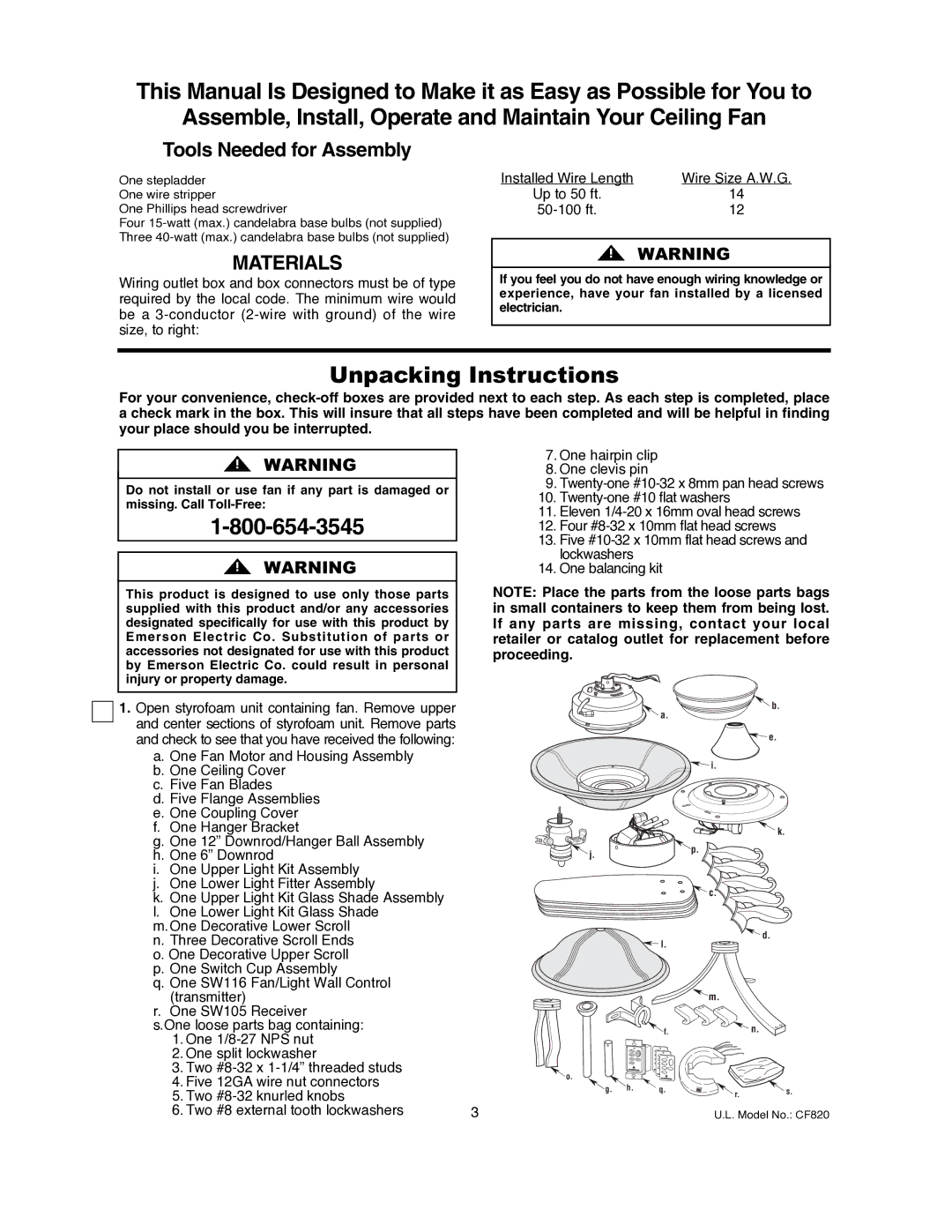 Emerson CF820ORB00, CF820PW00 owner manual Unpacking Instructions 