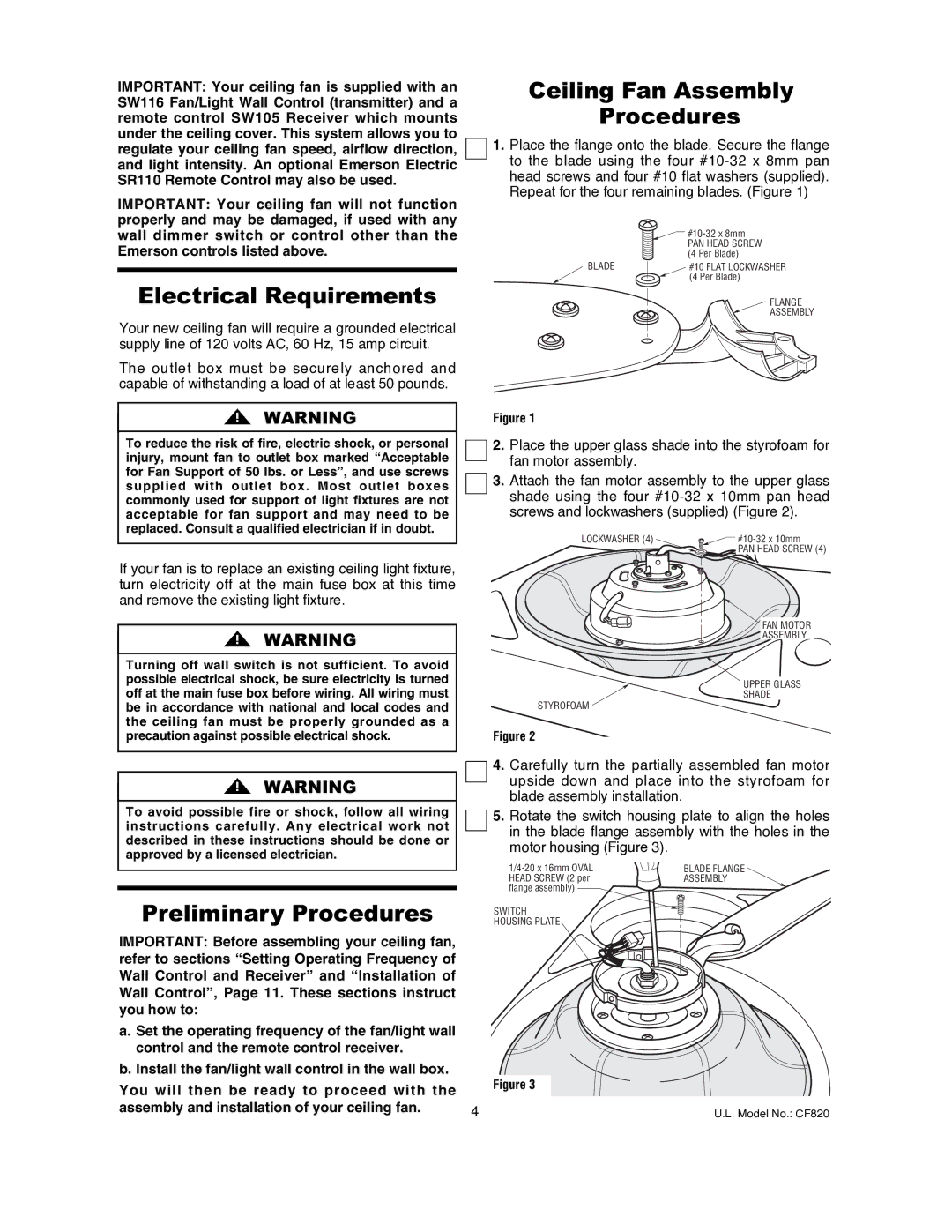 Emerson CF820PW00, CF820ORB00 owner manual Electrical Requirements, Ceiling Fan Assembly Procedures, Preliminary Procedures 