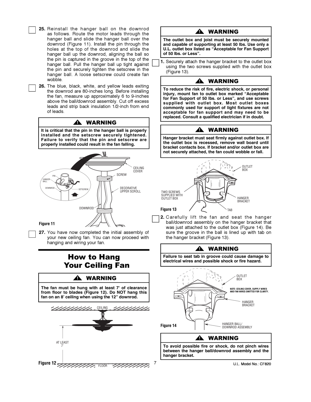 Emerson CF820ORB00, CF820PW00 owner manual How to Hang Your Ceiling Fan 