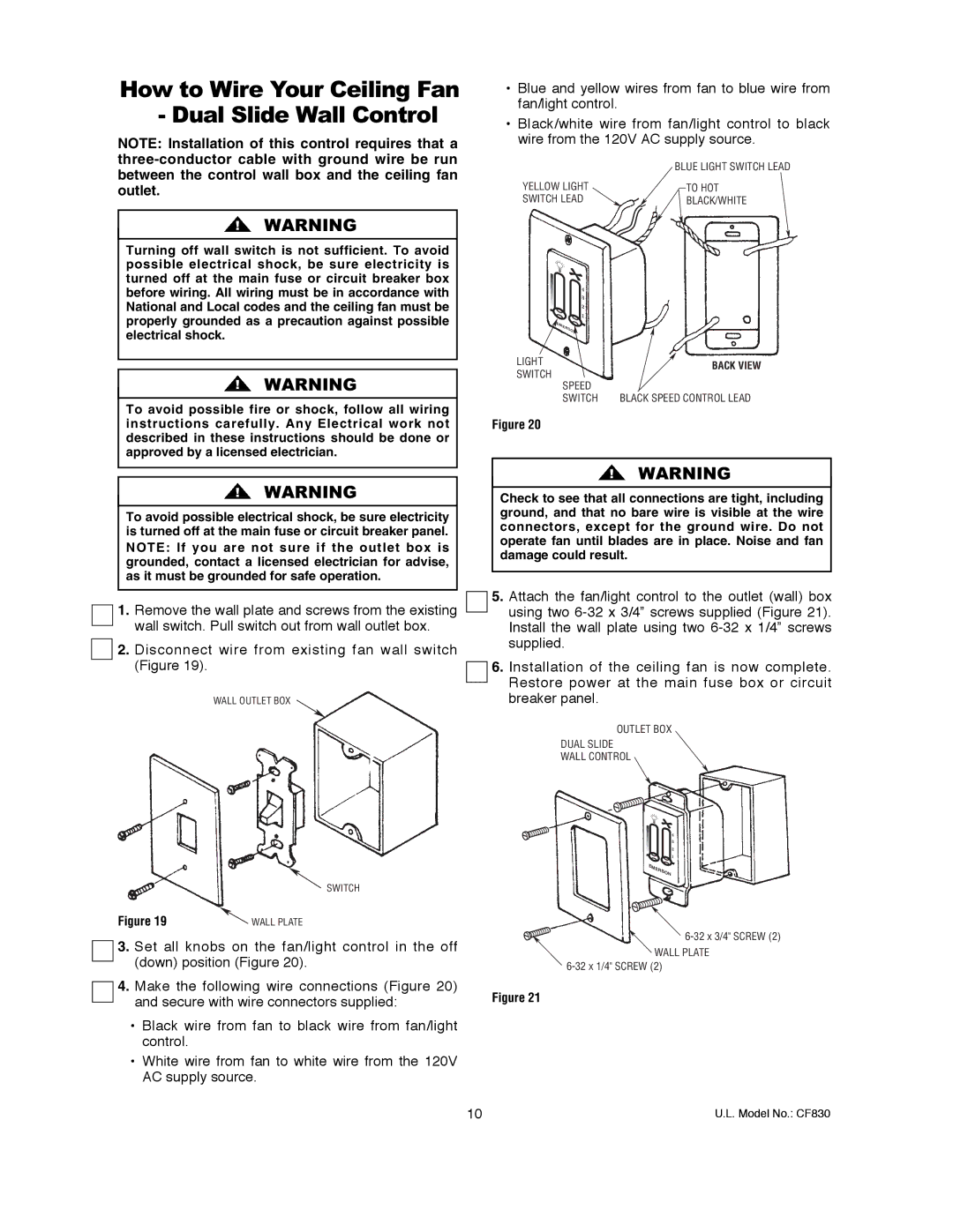 Emerson CF830GES00 owner manual How to Wire Your Ceiling Fan Dual Slide Wall Control, Secure with wire connectors supplied 