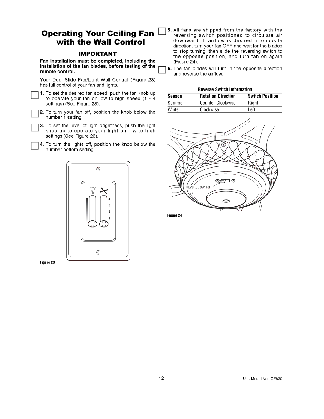 Emerson CF830GES00 Operating Your Ceiling Fan with the Wall Control, Reverse Switch Information Season Rotation Direction 