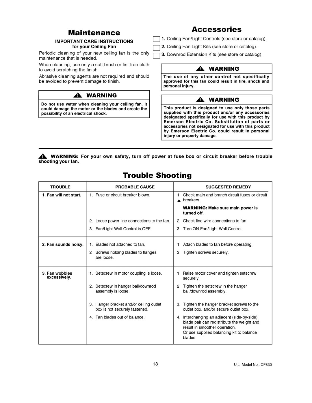 Emerson CF830GES00 owner manual Maintenance, Accessories, Trouble Shooting, For your Ceiling Fan 