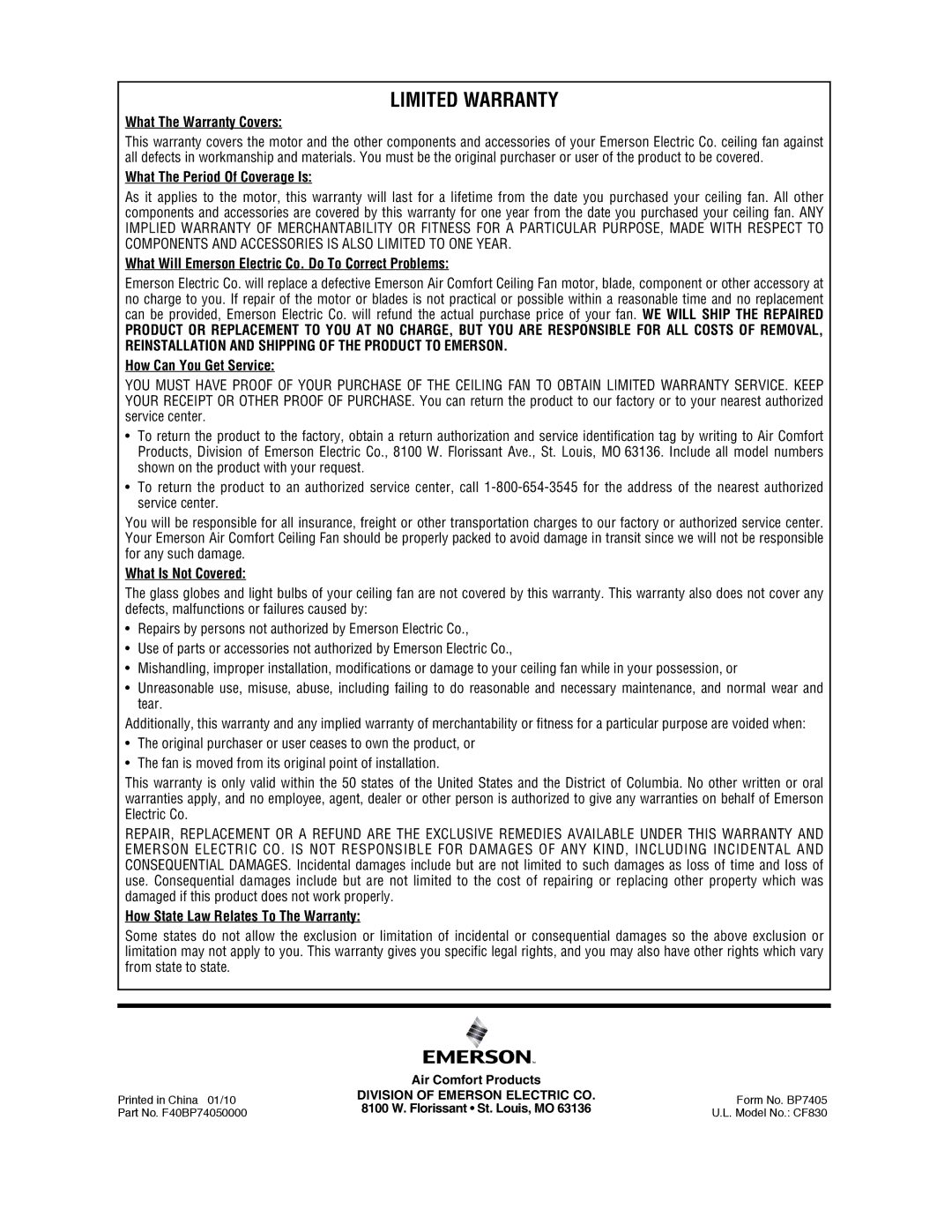 Emerson CF830GES00 What The Warranty Covers, What The Period Of Coverage Is, How Can You Get Service, What Is Not Covered 