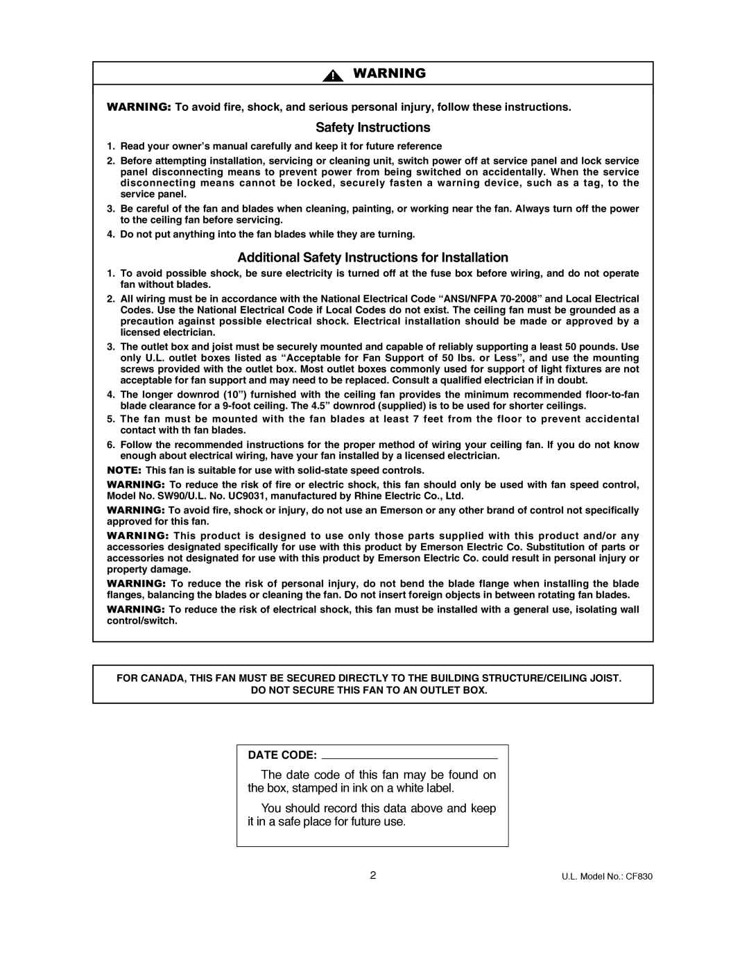 Emerson CF830GES00 owner manual Safety Instructions 