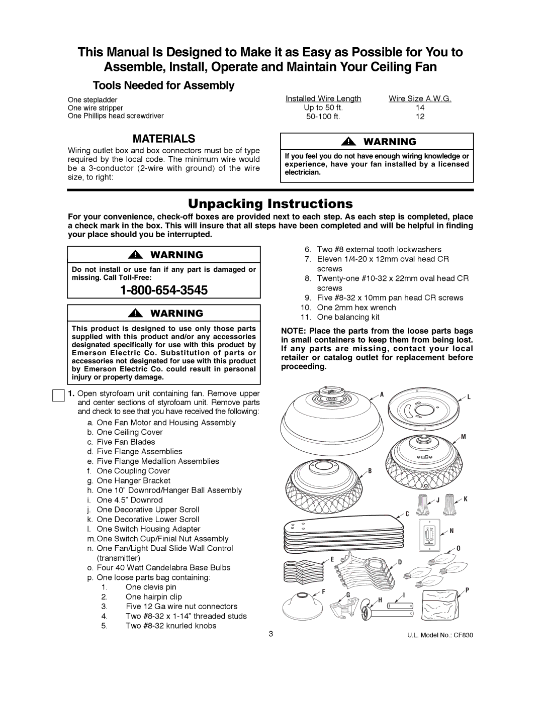 Emerson CF830GES00 owner manual Unpacking Instructions, Tools Needed for Assembly 