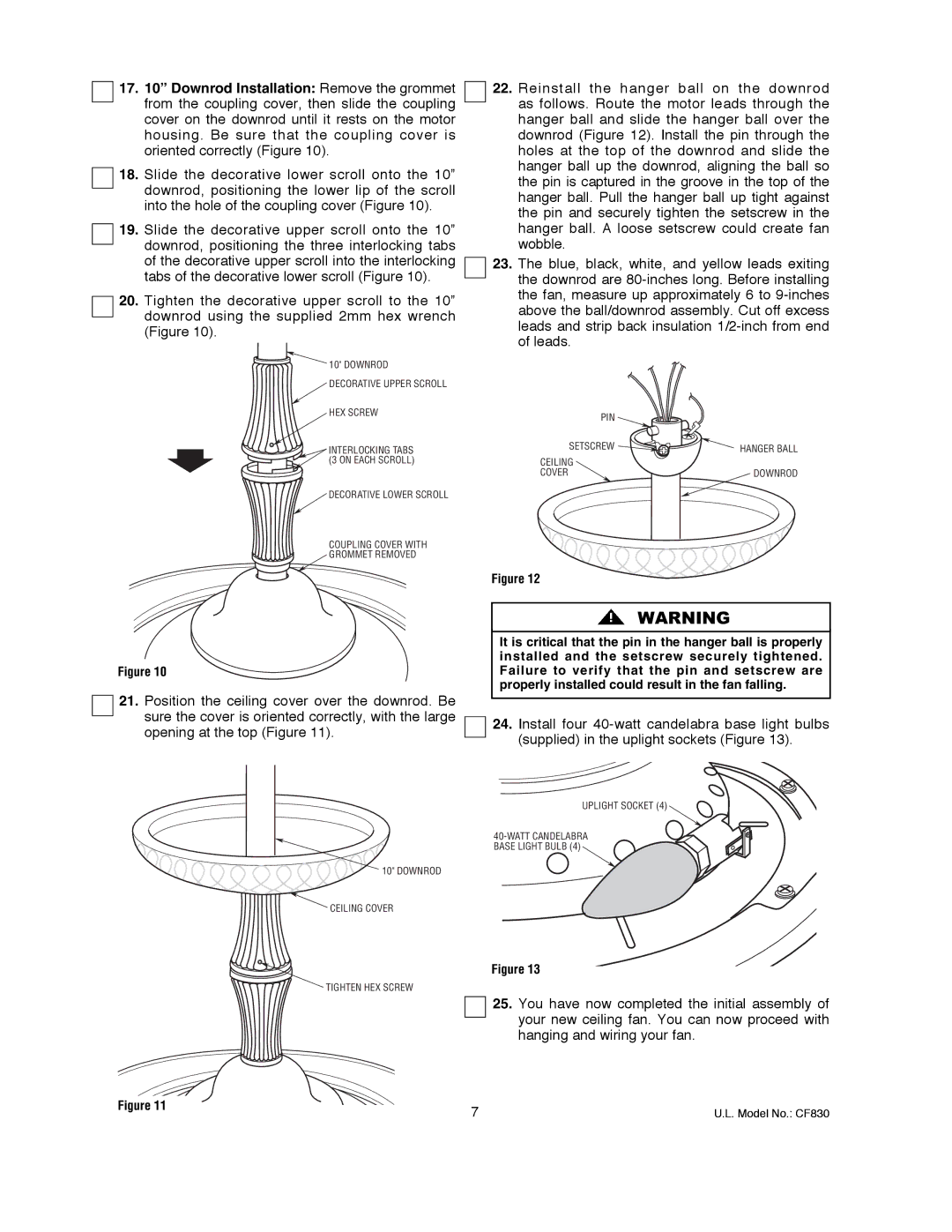 Emerson CF830GES00 owner manual Downrod Decorative Upper Scroll HEX Screw 