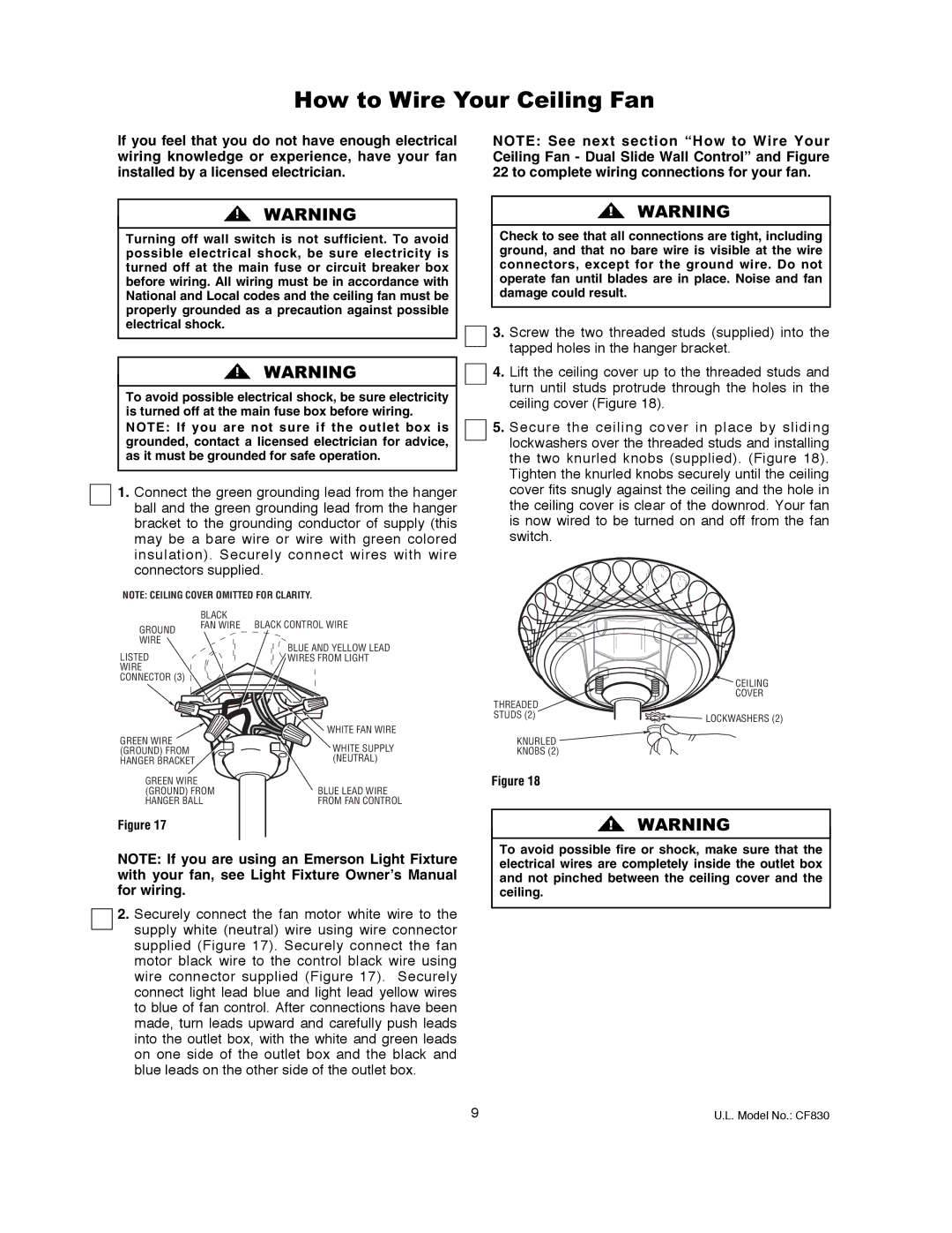 Emerson CF830GES00 owner manual How to Wire Your Ceiling Fan 