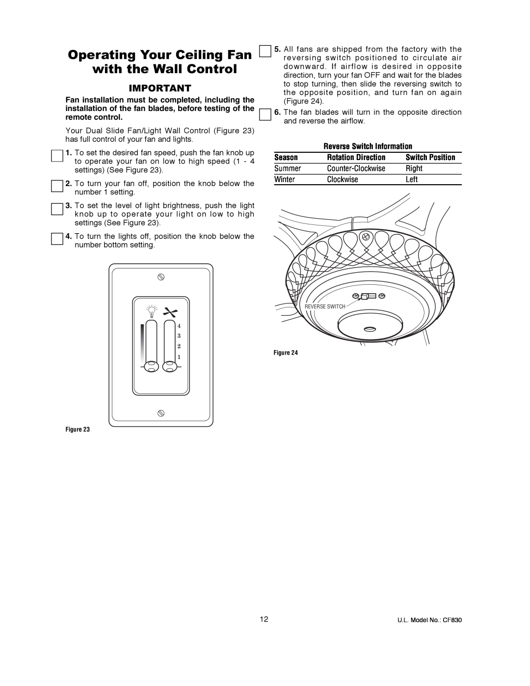 Emerson CF830GES00 owner manual Operating Your Ceiling Fan with the Wall Control, Reverse Switch Information, Season 