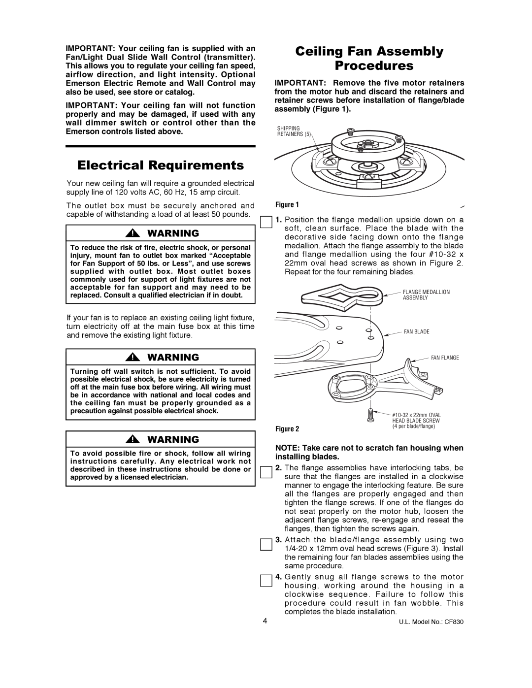 Emerson CF830GES00 owner manual Electrical Requirements, Ceiling Fan Assembly Procedures 