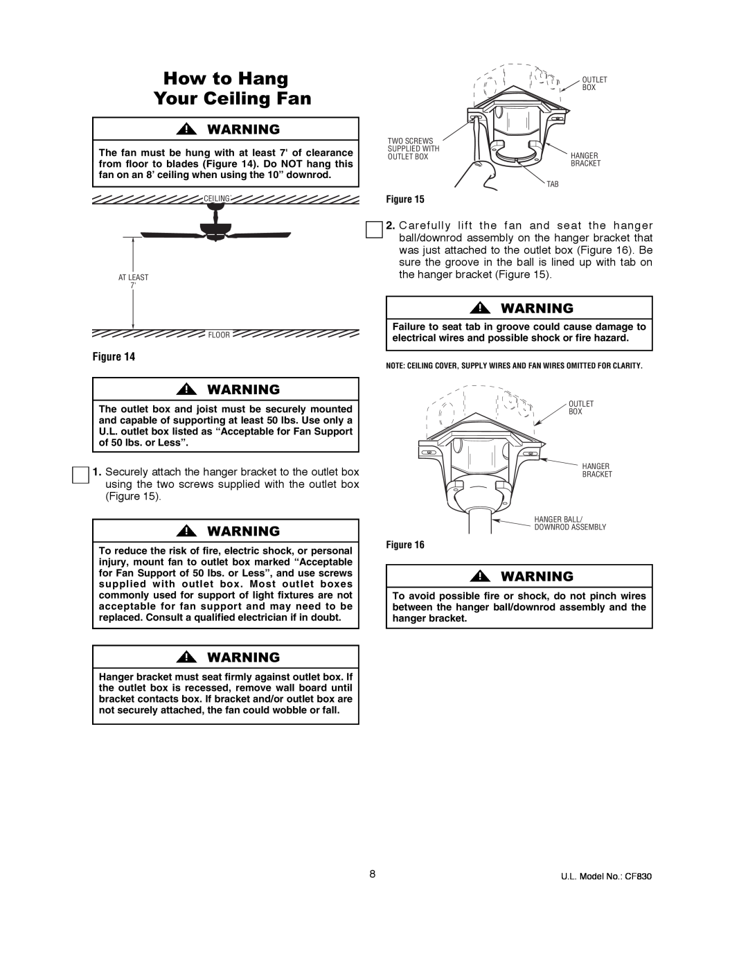 Emerson CF830GES00 owner manual How to Hang Your Ceiling Fan 