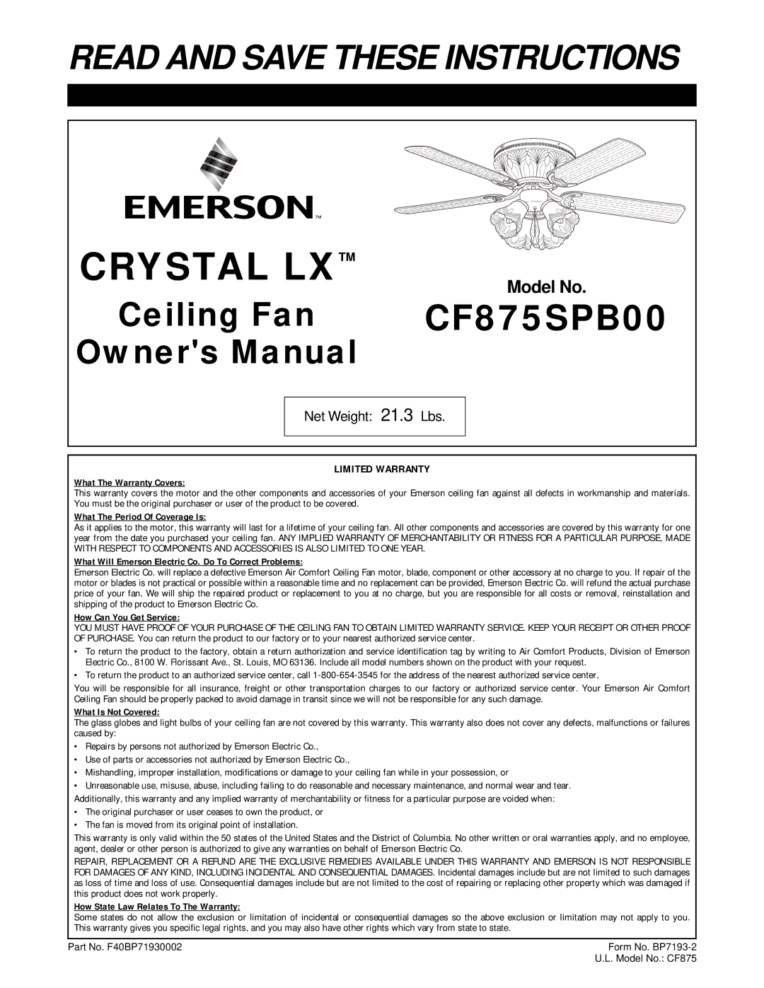 Emerson CF875 warranty Crystal LX, Limited Warranty 