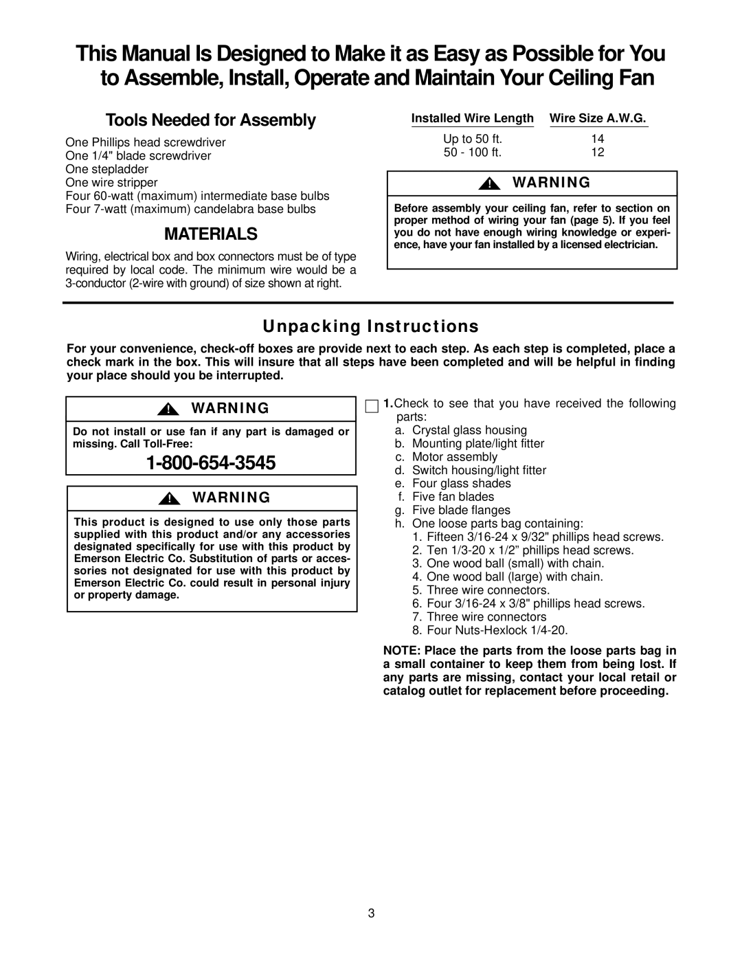 Emerson CF875 warranty Tools Needed for Assembly, Unpacking Instructions, Installed Wire Length, Up to 50 ft 50 100 ft 