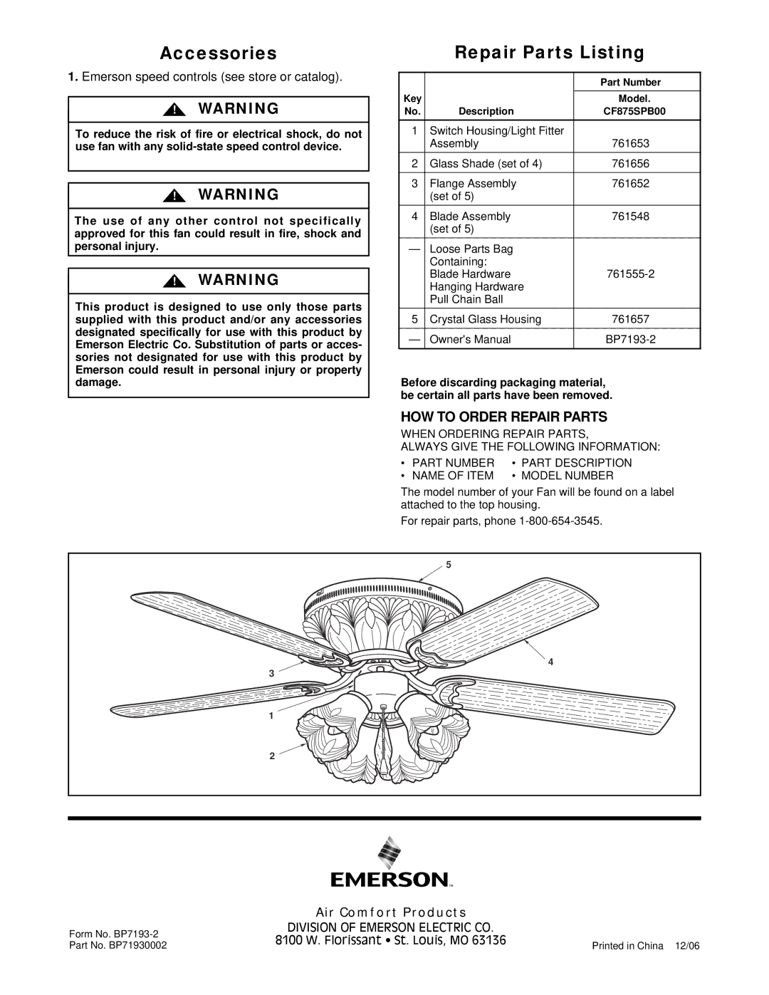 Emerson CF875 warranty Accessories, Repair Parts Listing, Emerson speed controls see store or catalog 