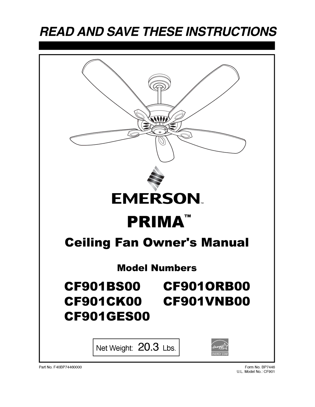 Emerson CF901CK00, CF901ORB00, CF901VNB00, CF901BS00, CF901GES00 owner manual Prima 