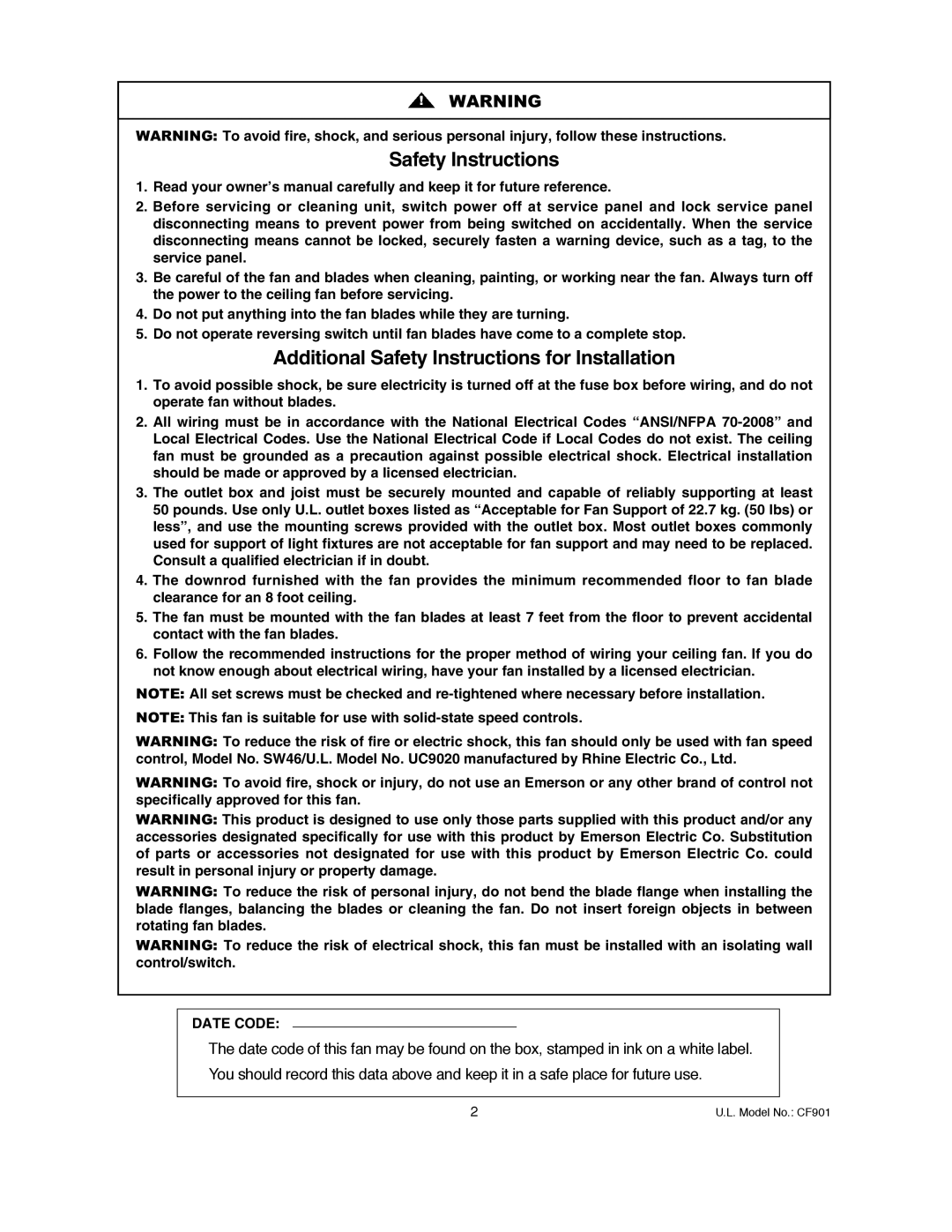 Emerson CF901VNB00, CF901ORB00, CF901CK00, CF901BS00, CF901GES00 owner manual Safety Instructions 