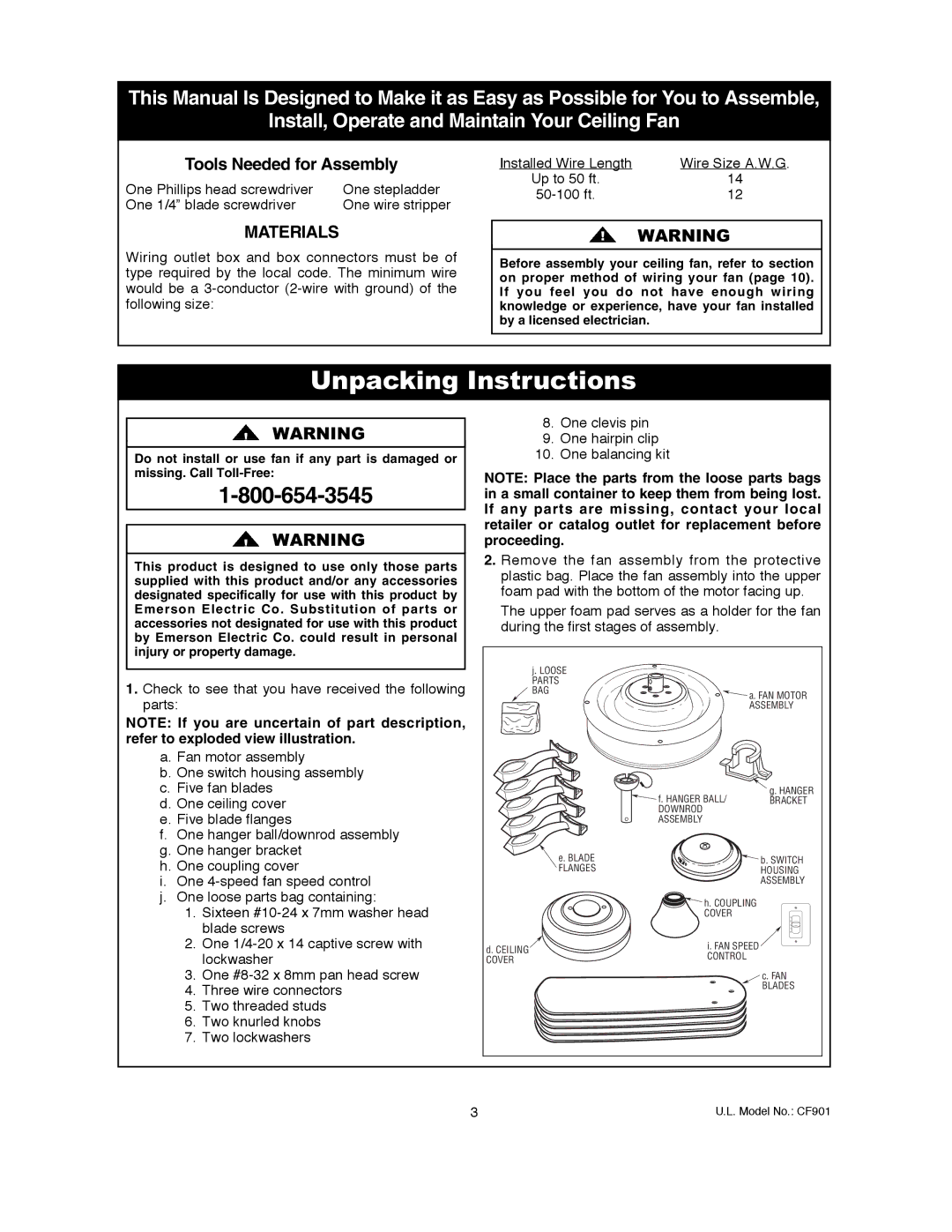 Emerson CF901BS00, CF901ORB00, CF901CK00, CF901VNB00, CF901GES00 owner manual Unpacking Instructions, Materials 