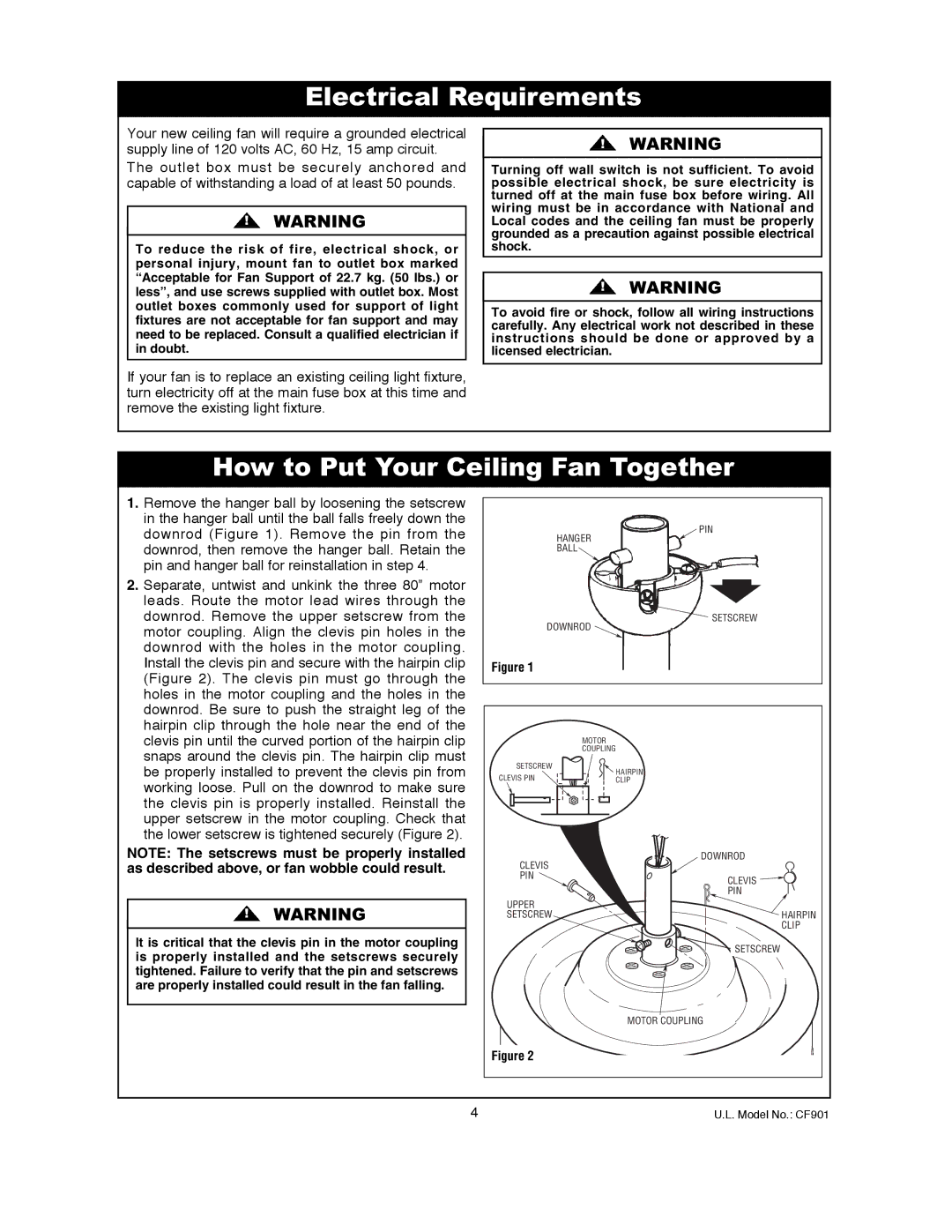 Emerson CF901GES00, CF901ORB00, CF901CK00, CF901VNB00 Electrical Requirements, How to Put Your Ceiling Fan Together 