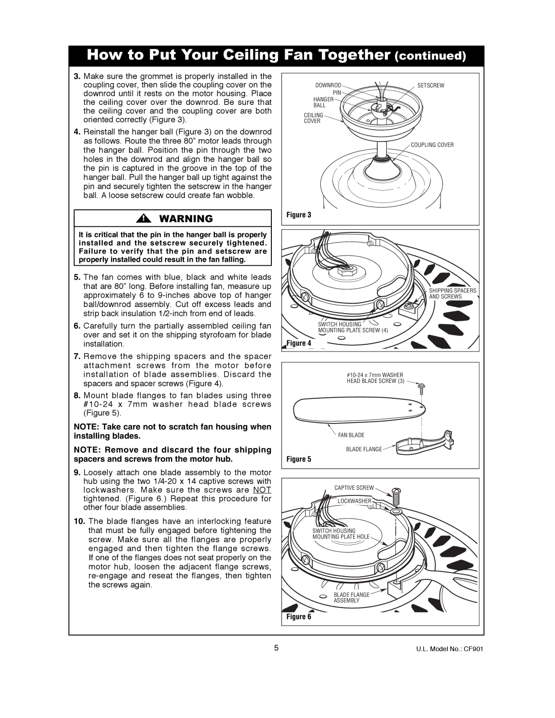 Emerson CF901ORB00, CF901CK00, CF901VNB00, CF901BS00, CF901GES00 owner manual PIN Hanger Ball Ceiling Cover Coupling Cover 