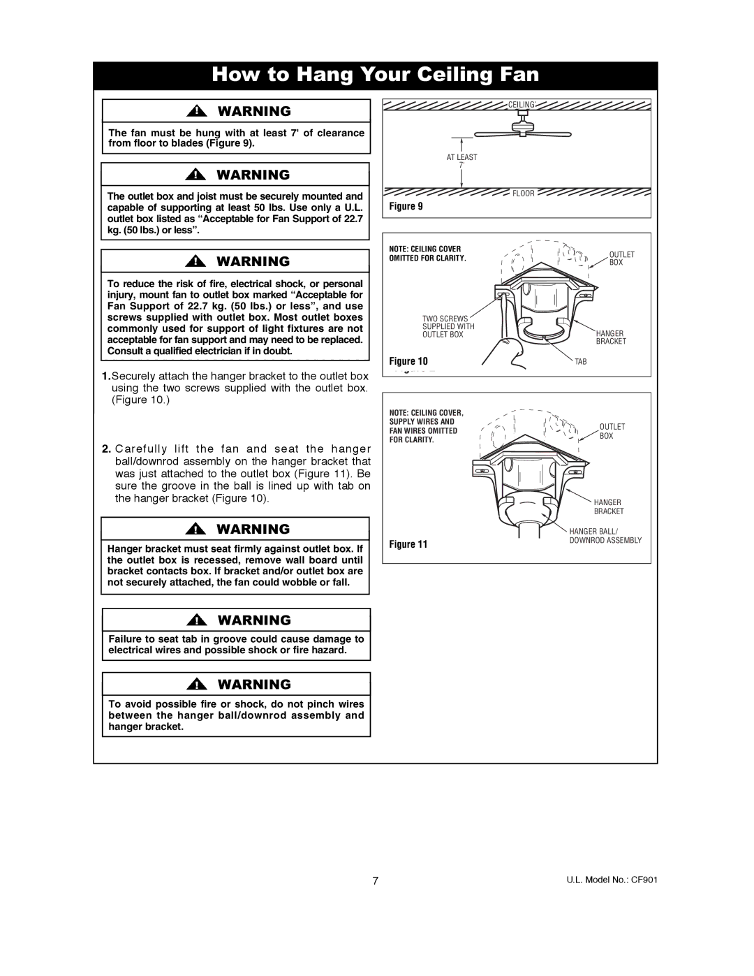 Emerson CF901VNB00, CF901ORB00, CF901CK00, CF901BS00, CF901GES00 owner manual How to Hang Your Ceiling Fan 