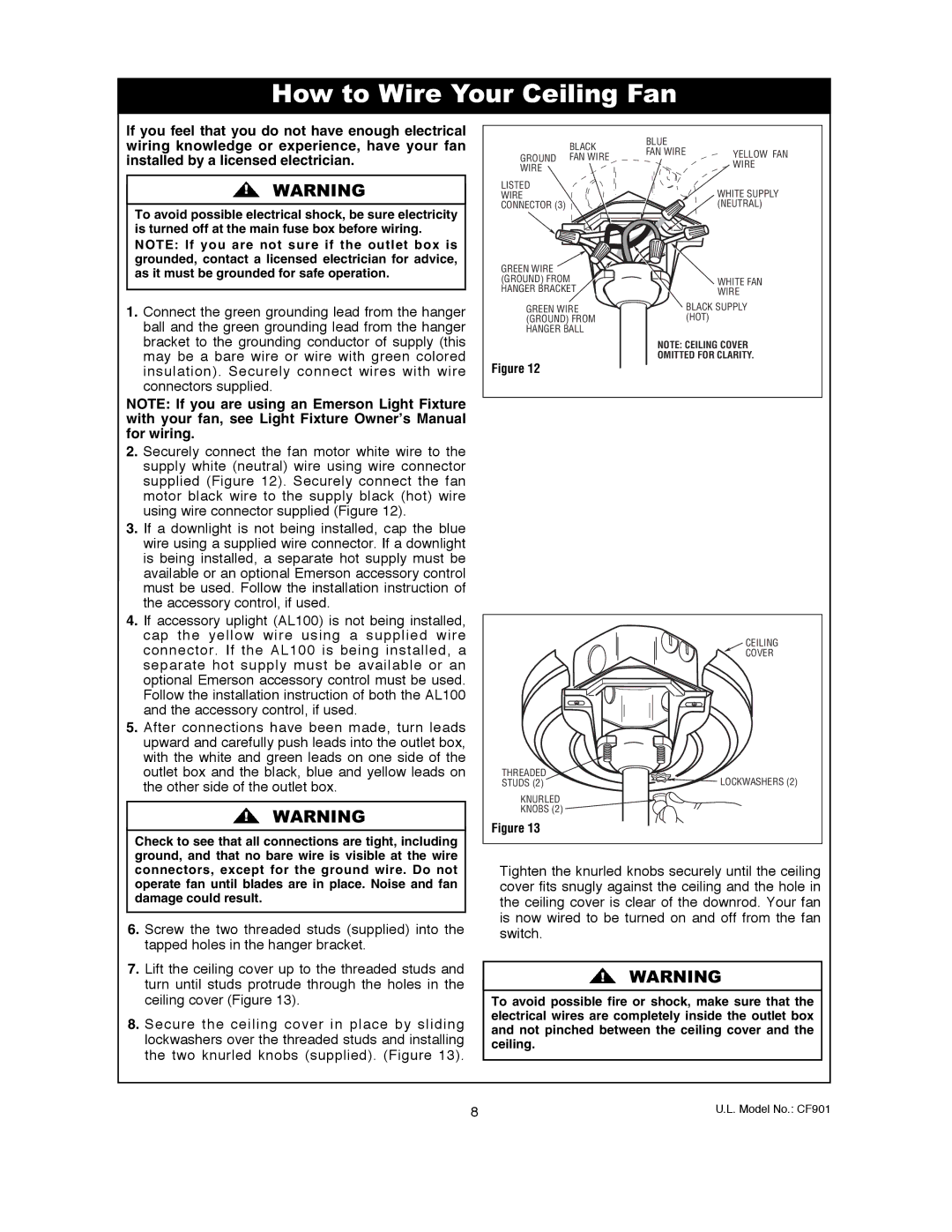 Emerson CF901BS00, CF901ORB00, CF901CK00, CF901VNB00, CF901GES00 owner manual How to Wire Your Ceiling Fan 