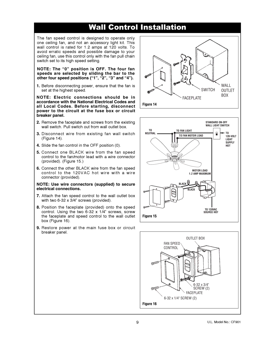 Emerson CF901GES00, CF901ORB00, CF901CK00, CF901VNB00, CF901BS00 Wall Control Installation, Wall Switch Outlet Faceplate 