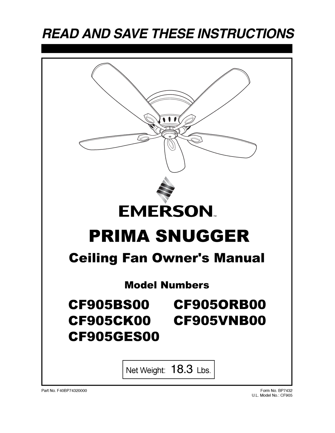 Emerson CF905BS00, CF905GES00, CF905VNB00, CF905CK00, CF905ORB00 owner manual Prima Snugger 