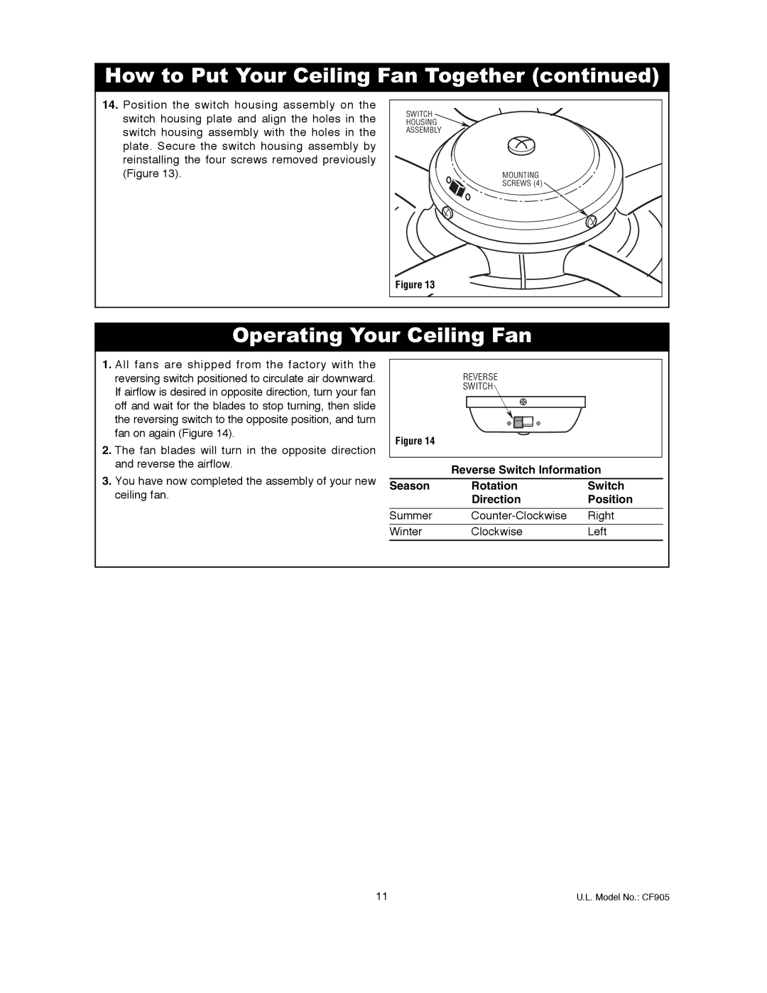 Emerson CF905BS00, CF905GES00, CF905VNB00, CF905CK00, CF905ORB00 owner manual Operating Your Ceiling Fan 