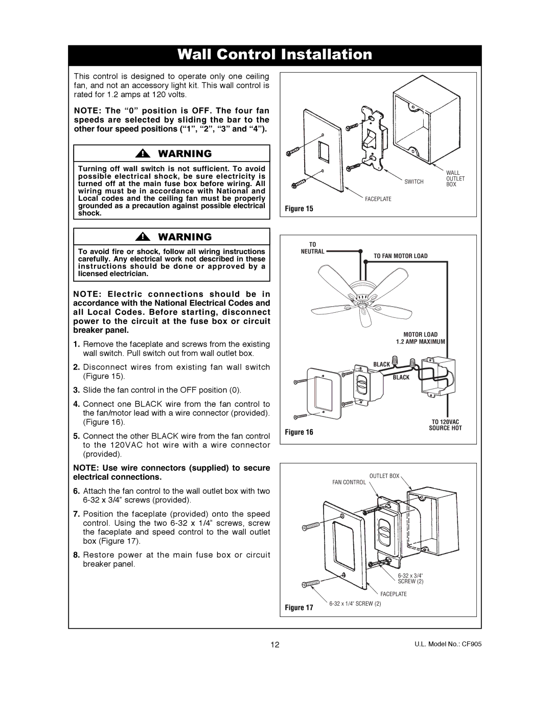 Emerson CF905VNB00, CF905GES00, CF905BS00, CF905CK00, CF905ORB00 owner manual Wall Control Installation 