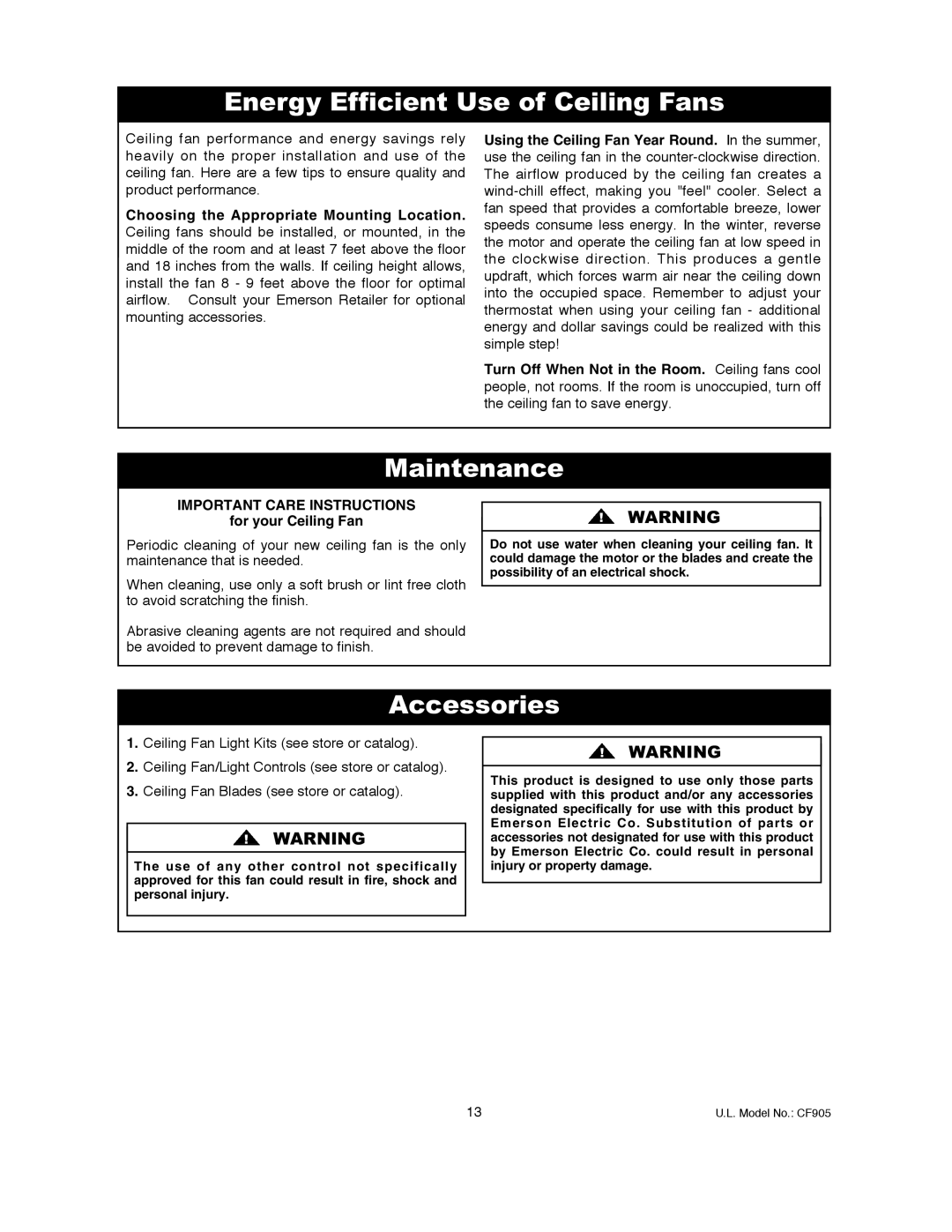 Emerson CF905CK00, CF905GES00, CF905BS00, CF905VNB00 Energy Efficient Use of Ceiling Fans, Maintenance, Accessories 
