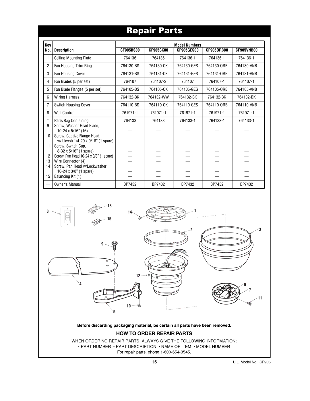 Emerson CF905GES00, CF905BS00, CF905VNB00, CF905CK00, CF905ORB00 owner manual Repair Parts, Description 