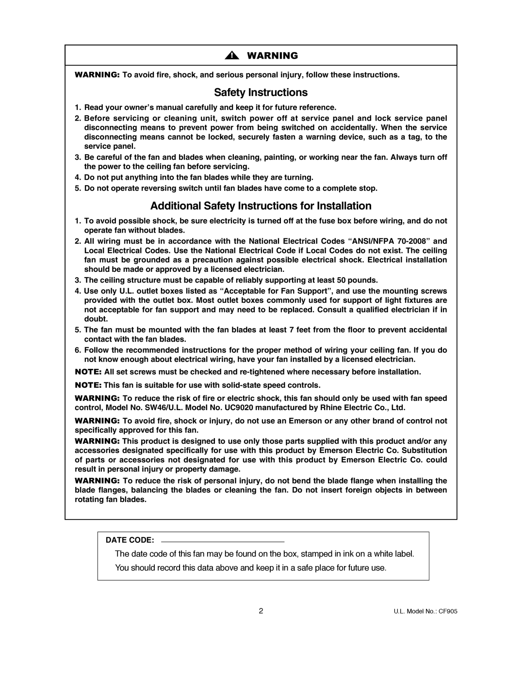 Emerson CF905VNB00, CF905GES00, CF905BS00, CF905CK00, CF905ORB00 owner manual Safety Instructions 