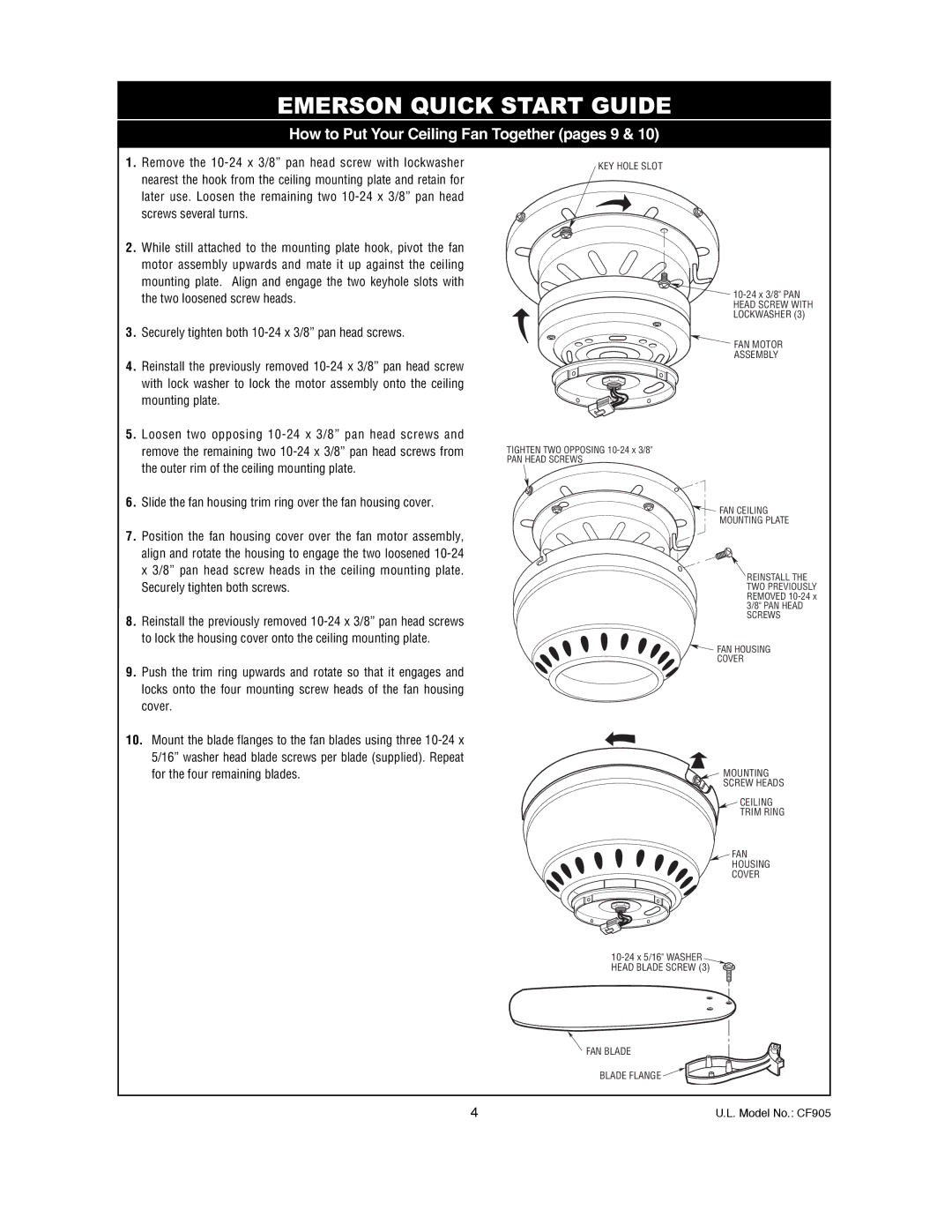 Emerson CF905ORB00, CF905GES00, CF905BS00, CF905VNB00, CF905CK00 owner manual How to Put Your Ceiling Fan Together pages 9 