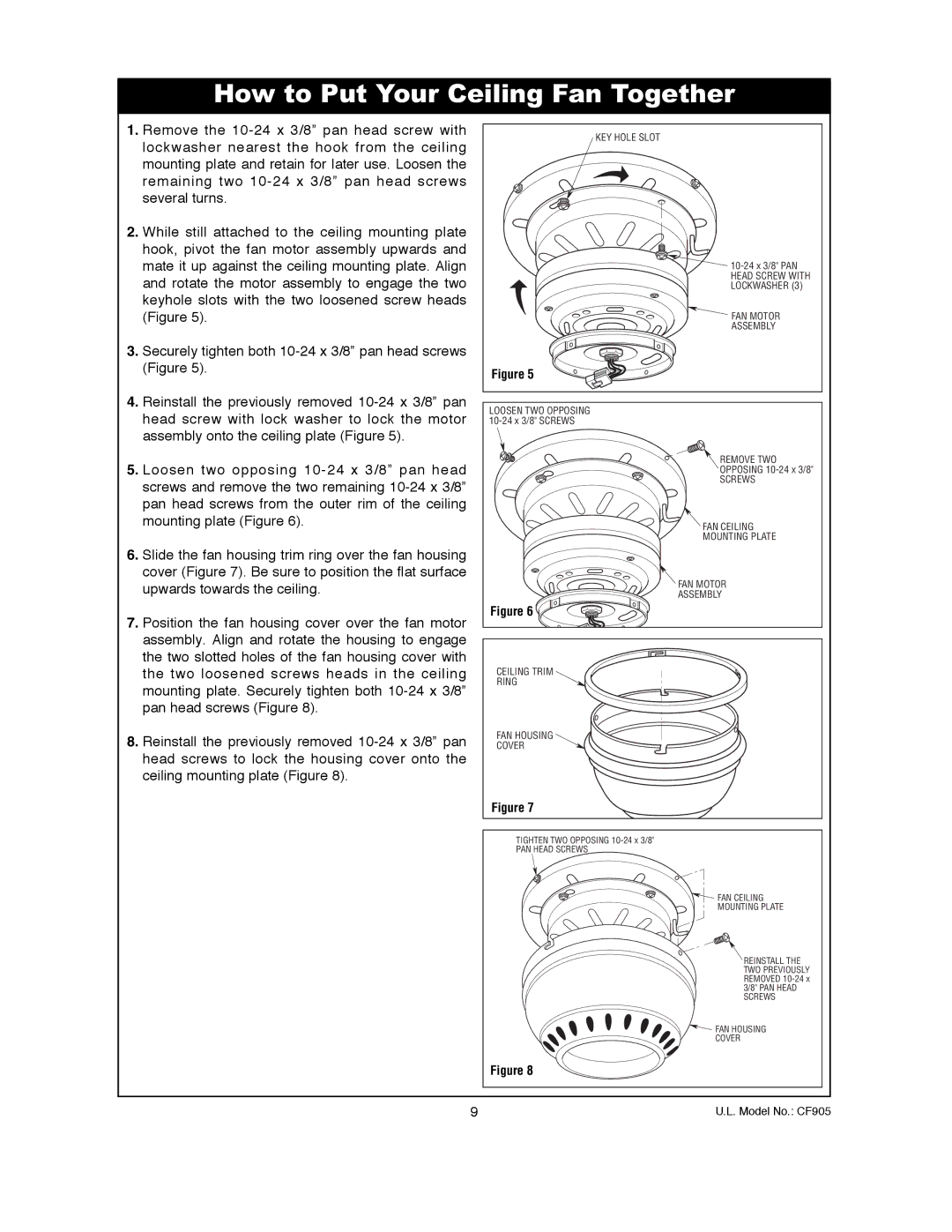 Emerson CF905ORB00, CF905GES00, CF905BS00, CF905VNB00, CF905CK00 owner manual How to Put Your Ceiling Fan Together 