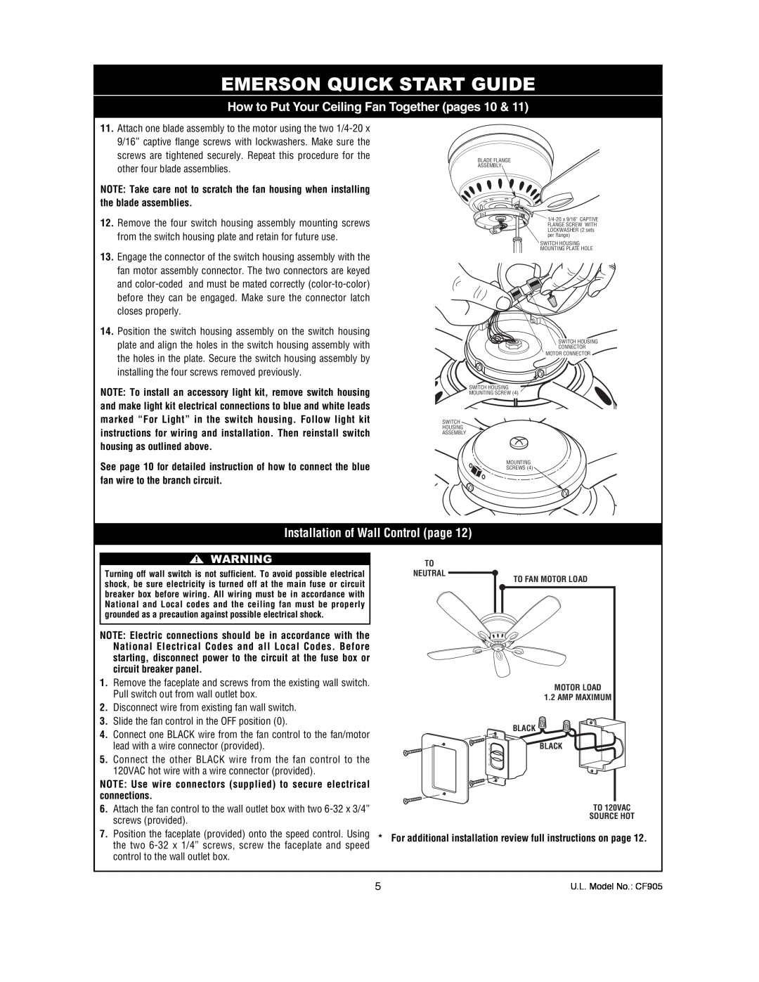 Emerson CF905GES00, CF905BS00, CF905VNB00 How to Put Your Ceiling Fan Together pages, Installation of Wall Control page 
