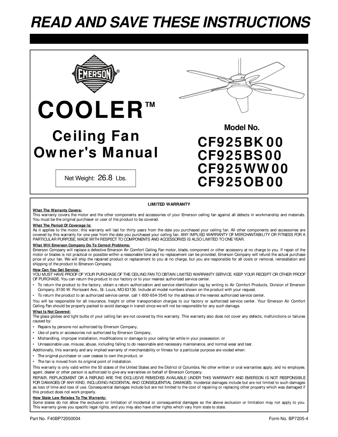 Emerson CF925WW00, CF925BK00, CF925BS00, CF925OB00 warranty Cooler, Limited Warranty 