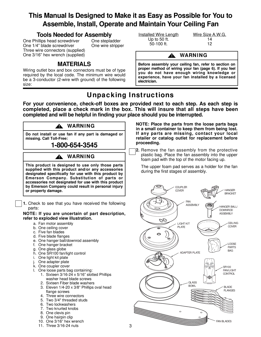 Emerson CF925OB00 Unpacking Instructions, Up to 50 ft 50-100 ft, Check to see that you have received the following parts 