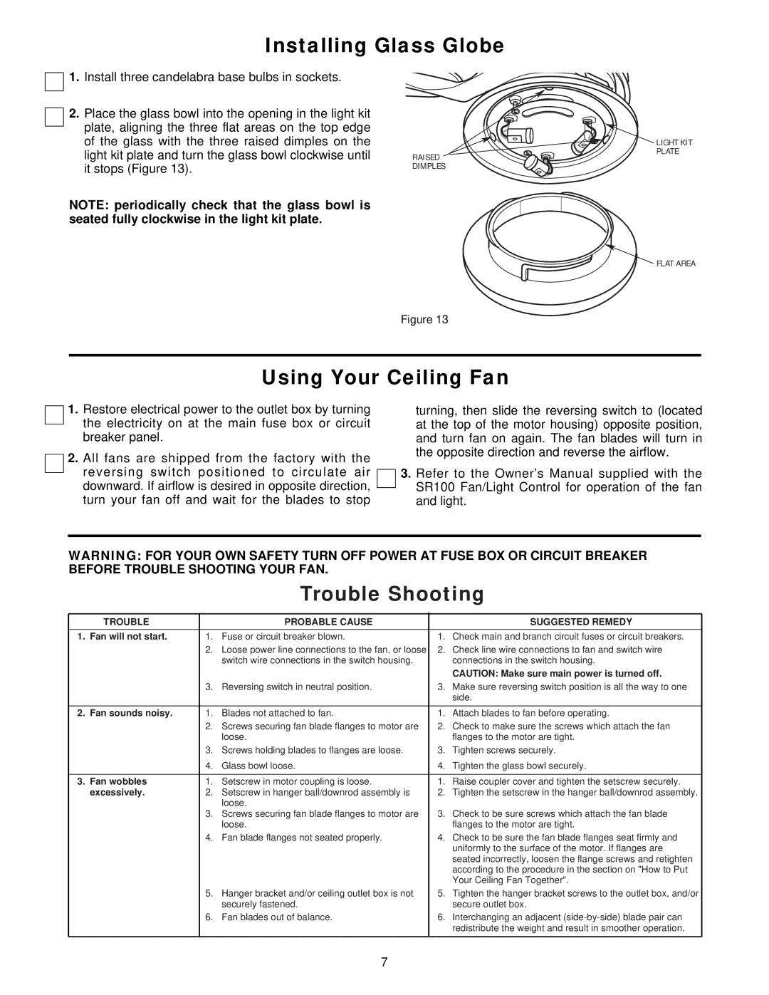 Emerson CF925OB00, CF925BK00, CF925WW00, CF925BS00 warranty Installing Glass Globe, Using Your Ceiling Fan, Trouble Shooting 