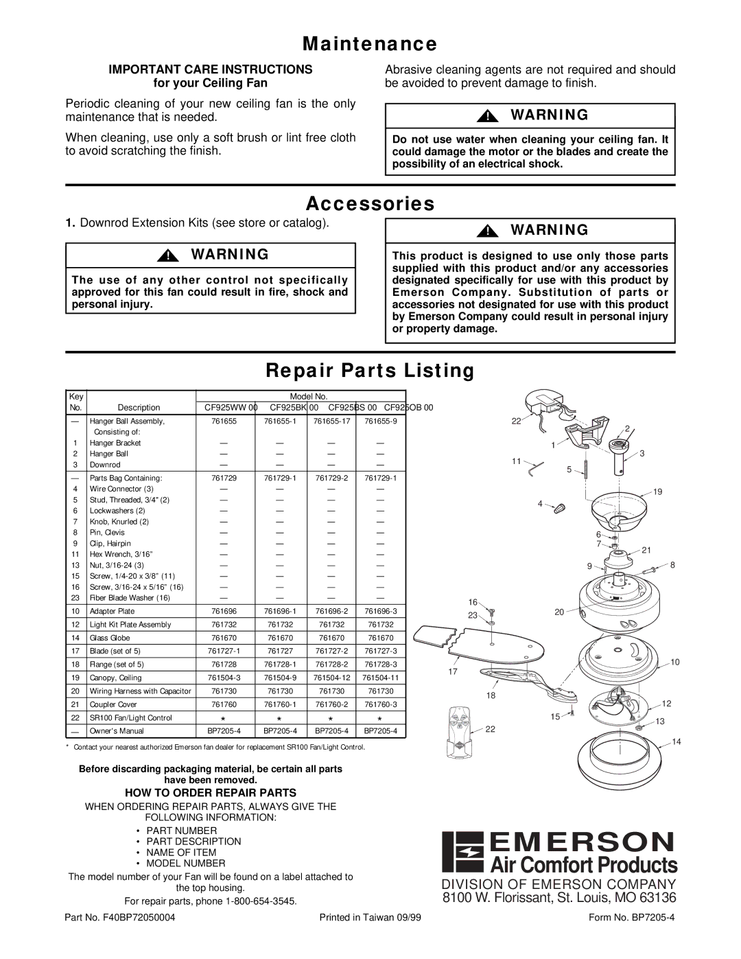 Emerson CF925BK00, CF925WW00 Maintenance, Accessories, Repair Parts Listing, Downrod Extension Kits see store or catalog 