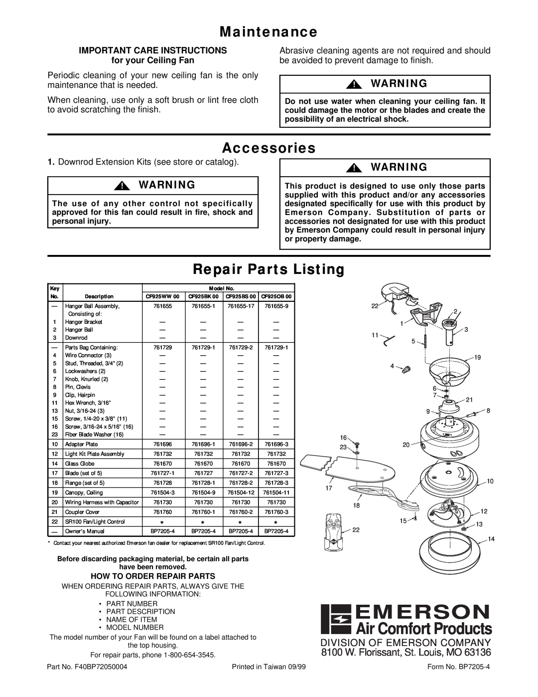 Emerson CF925BK00, CF925WW00, CF925BS00 Maintenance, Accessories, Repair Parts Listing, Emerson, Air Comfort Products 