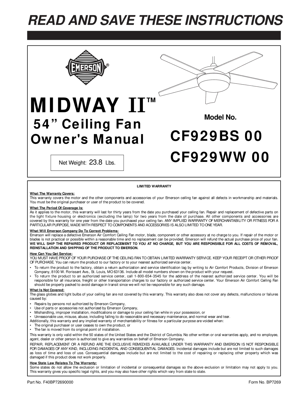 Emerson CF929BS 00, CF929WW 00 owner manual Midway 