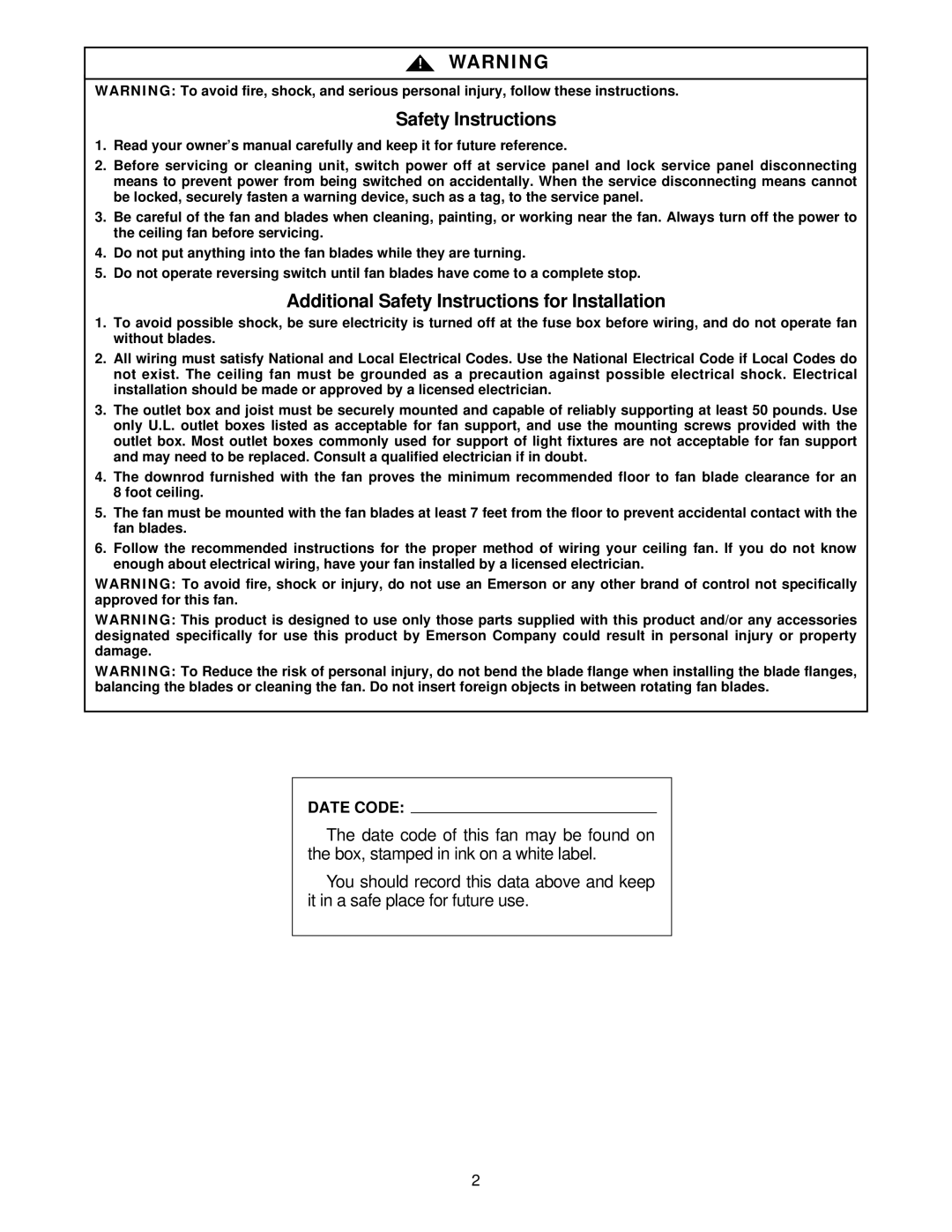 Emerson CF929WW 00, CF929BS 00 owner manual Additional Safety Instructions for Installation 