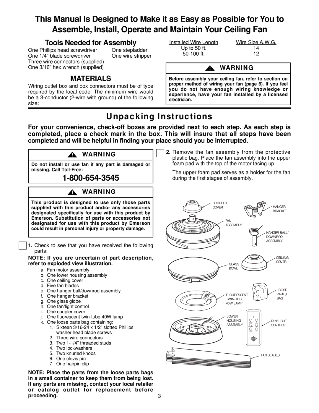 Emerson CF929BS 00 Unpacking Instructions, Up to 50 ft 50-100 ft, Check to see that you have received the following parts 