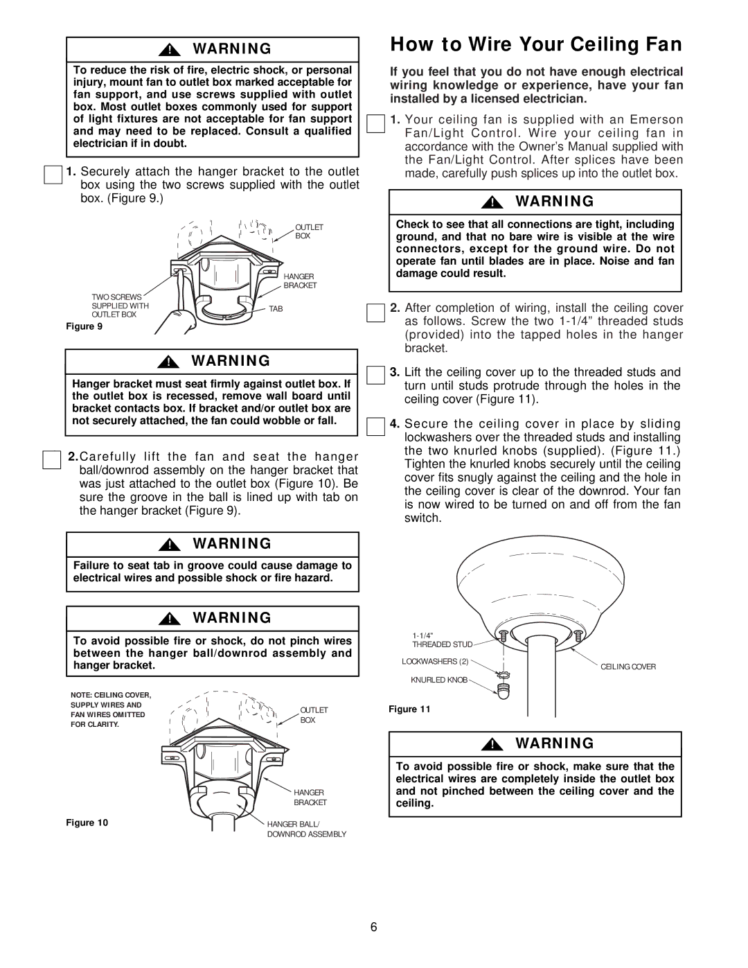 Emerson CF929WW 00, CF929BS 00 owner manual How to Wire Your Ceiling Fan, Hanger bracket 