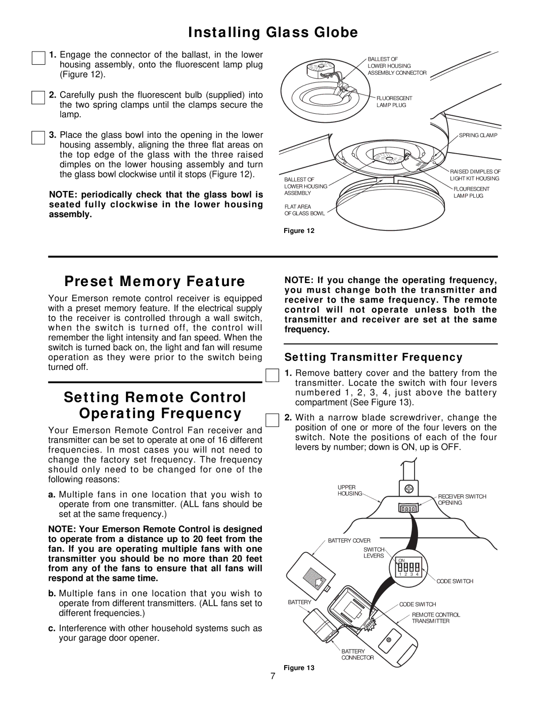 Emerson CF929BS 00, CF929WW 00 Installing Glass Globe, Preset Memory Feature, Setting Remote Control Operating Frequency 