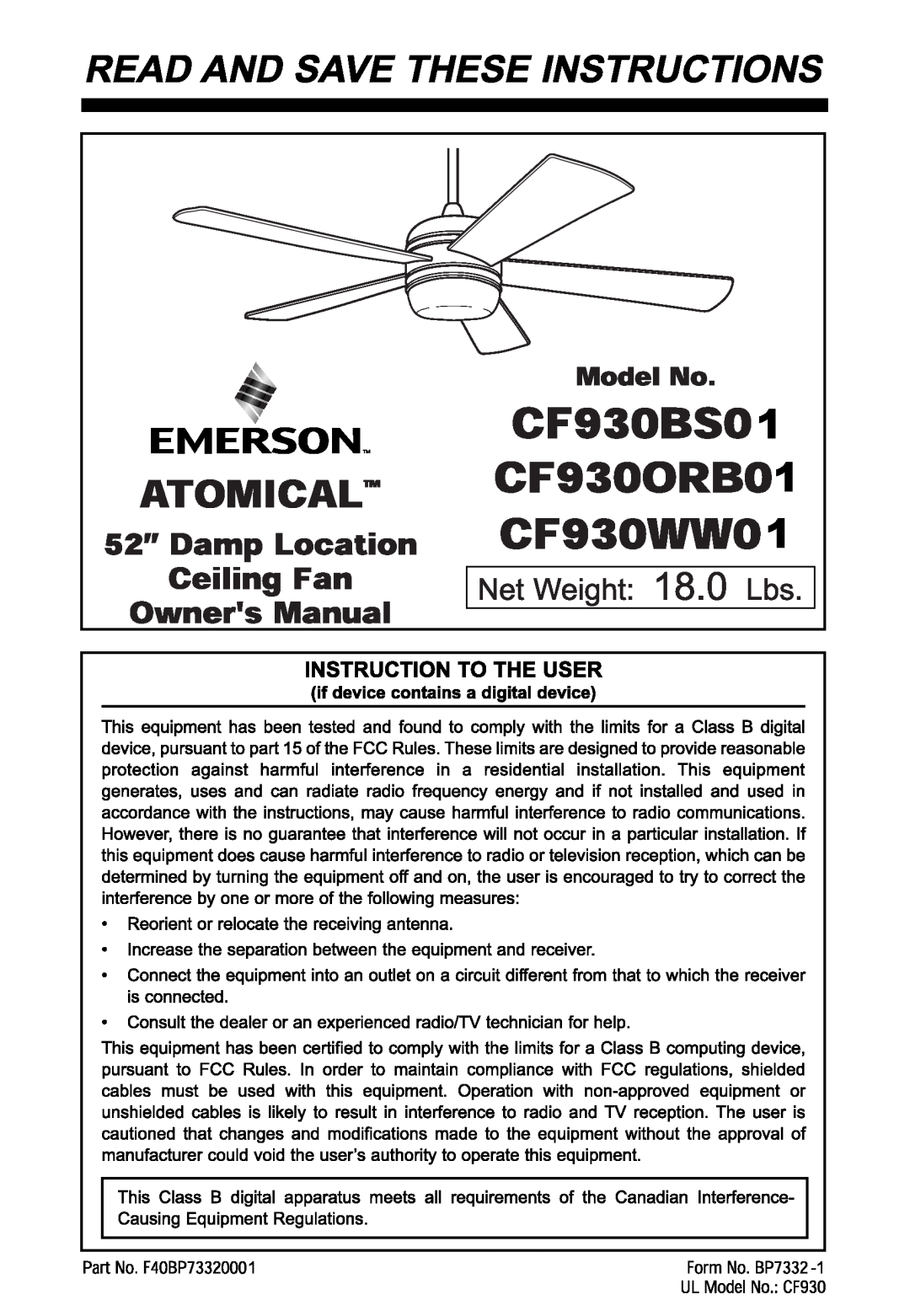 Emerson CF930BS01, CF930ORB01, CF930WW01 manual 